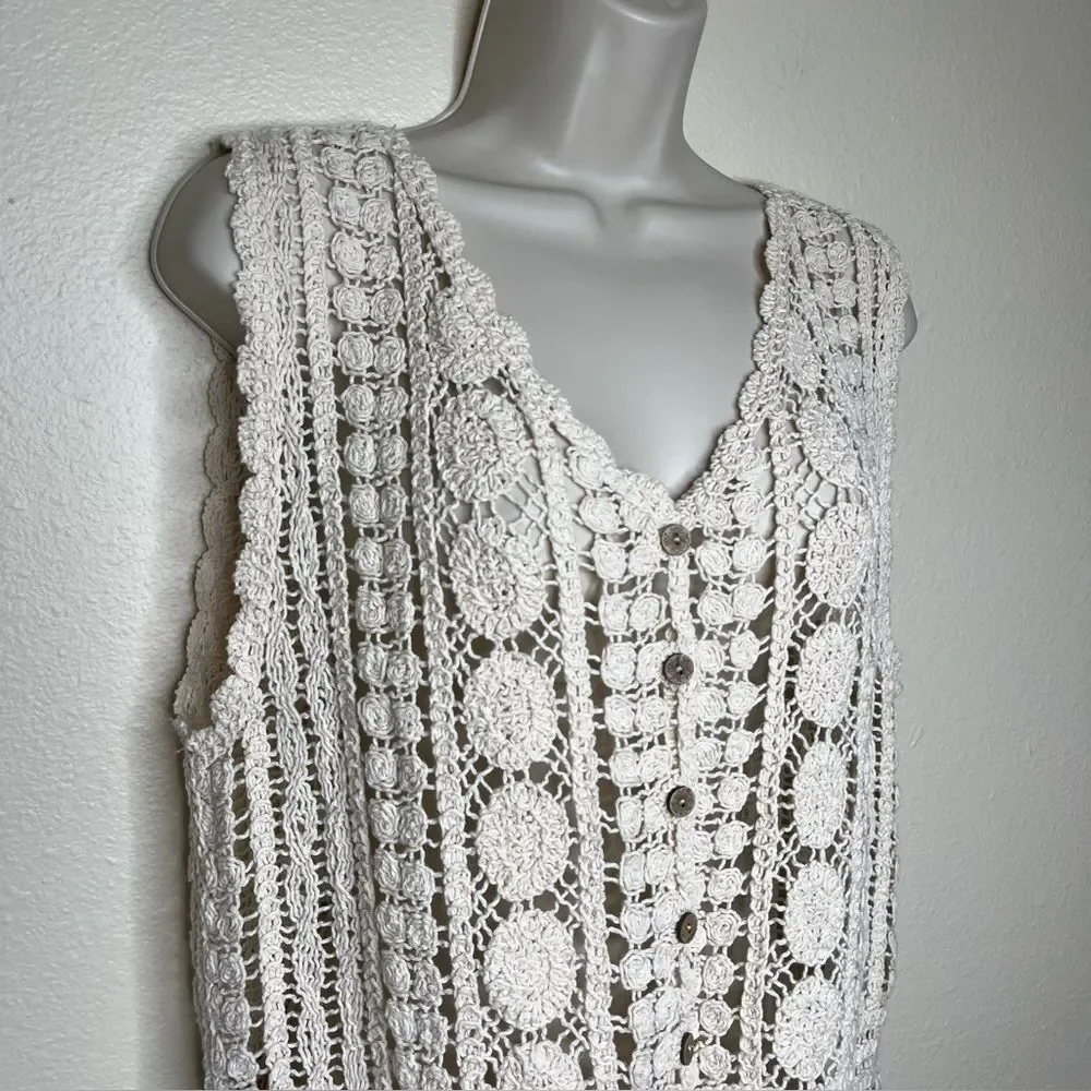 Rebellion Crochet Lace Fringe Button Front Cream Boho Vest Cotton Women Small
